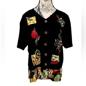 Teddi Black and Red Boho Chic Button Down Shirt Multicolor Trim Stylish Buttons